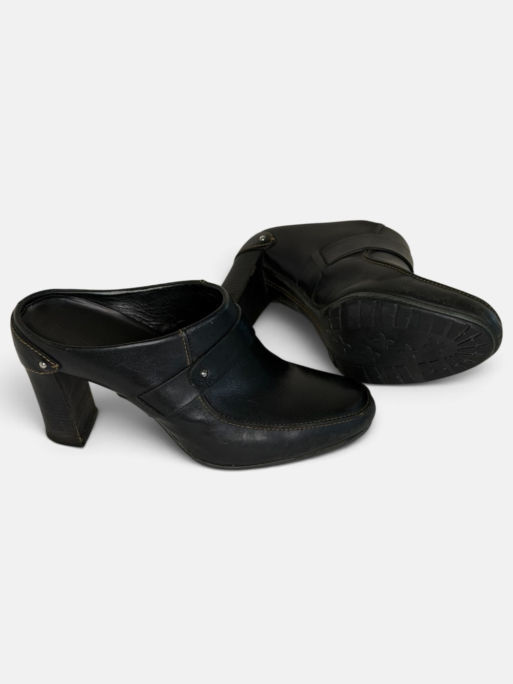 Vintage Cole Haan Black Leather Heeled Mules Clogs Block Heel Size 7B
